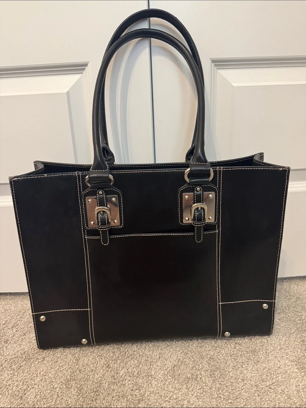 Wilsons Black Leather Tote with Snake-Print Interior